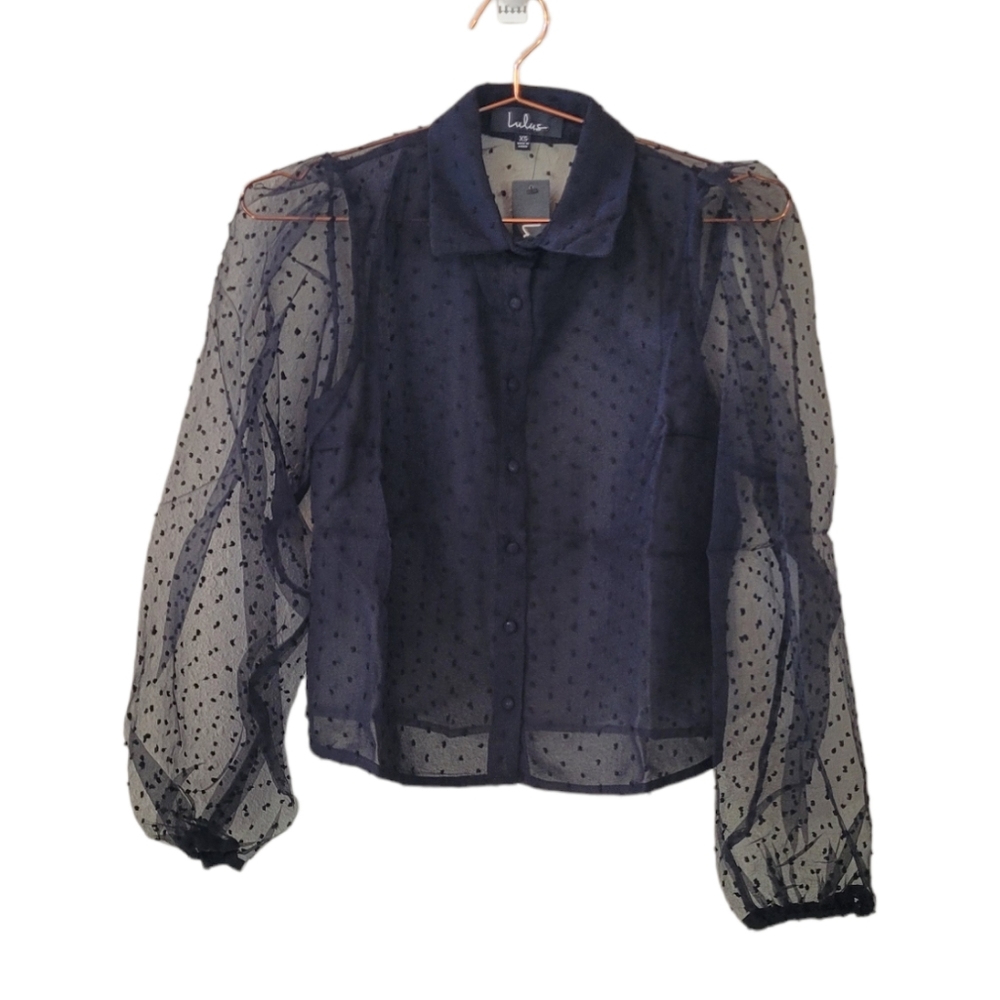 LULU'S Black Long Sleeve Sheer Swiss Dot Button Front Shirt Size XS
